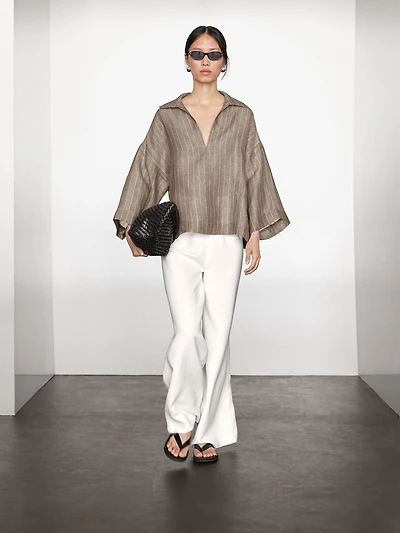 Striped linen open neck blouse