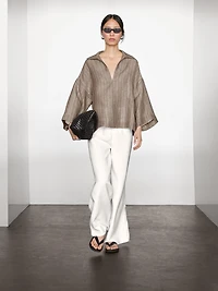 Striped linen open neck blouse
