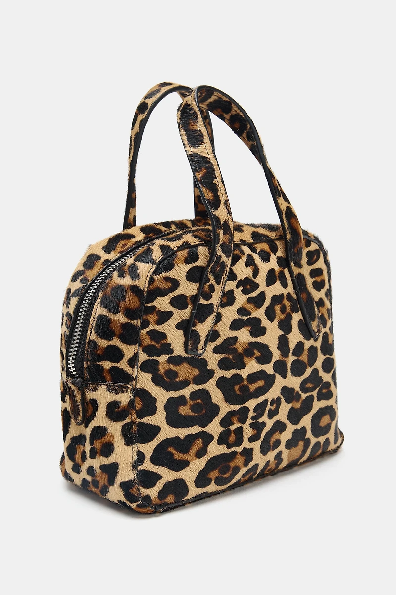 SAC MINI BOWLING EN CUIR À IMPRIMÉ ANIMALIER AVEC EFFET FOURRURE