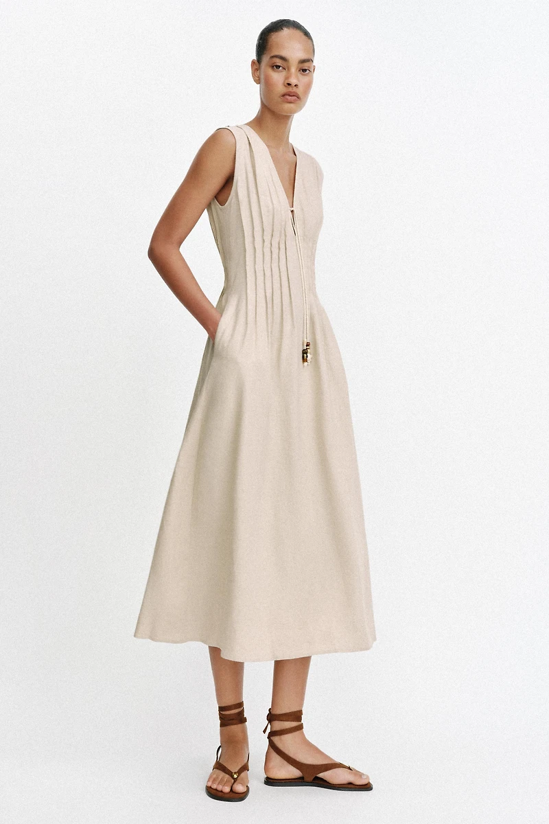 DRAWSTRING LINEN MIDI DRESS