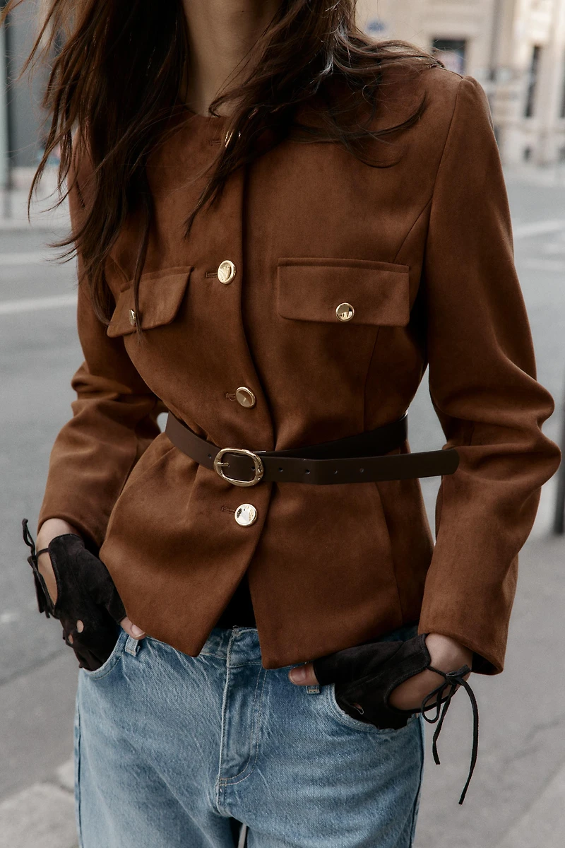 FAUX SUEDE BELTED BLAZER