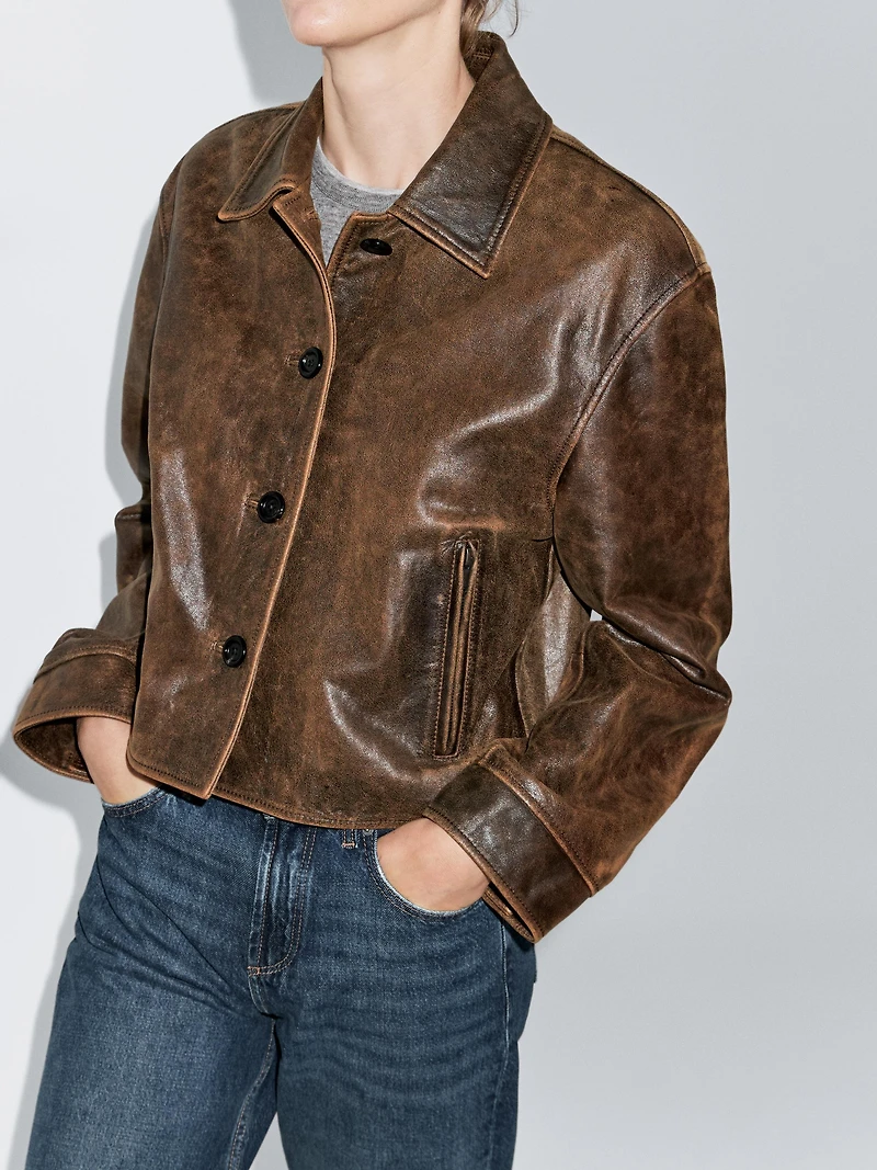 Distressed effect nappa leather cropped jacket