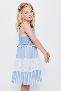 STRIPED AND SWISS EMBROIDERED KNIT DRESS