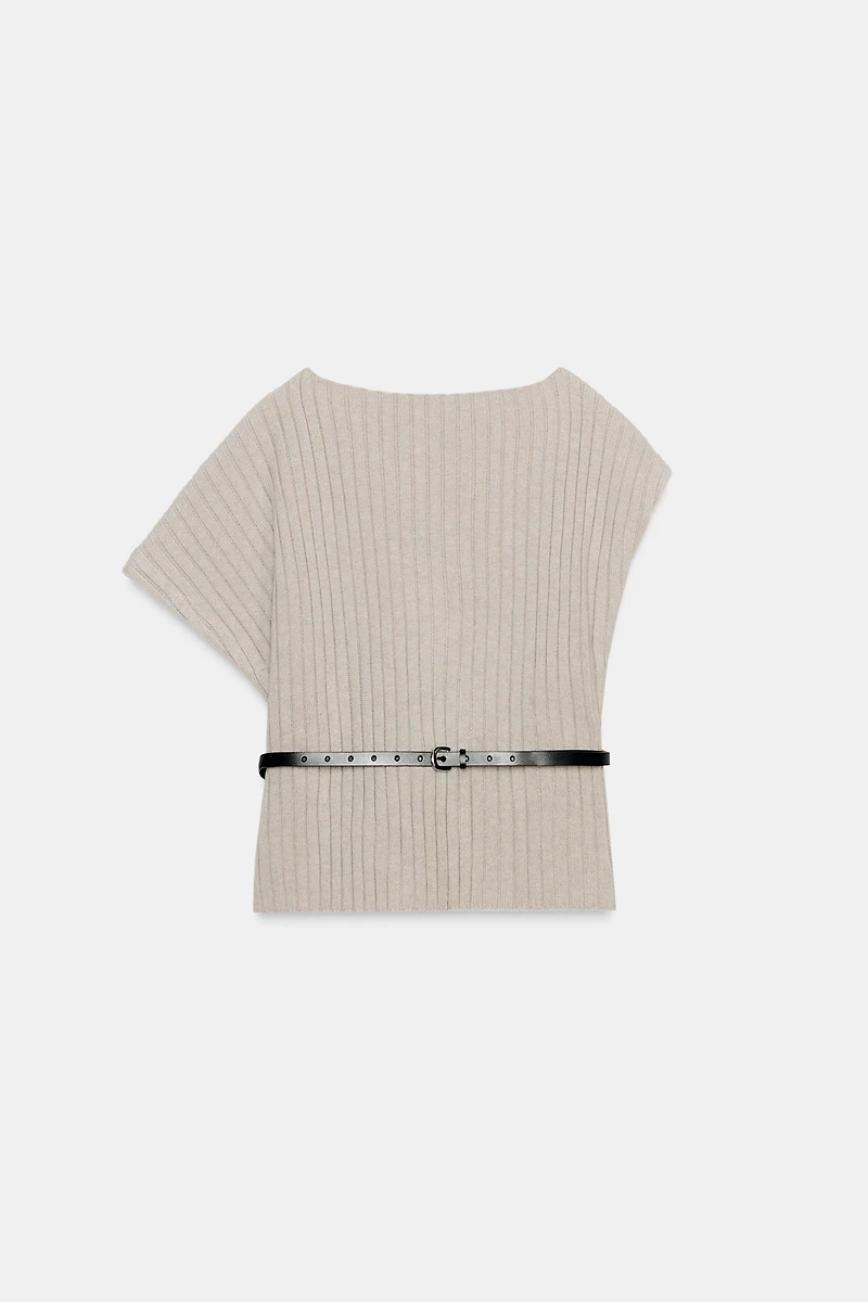ASYMMETRIC WOOL BLEND BELTED TOP