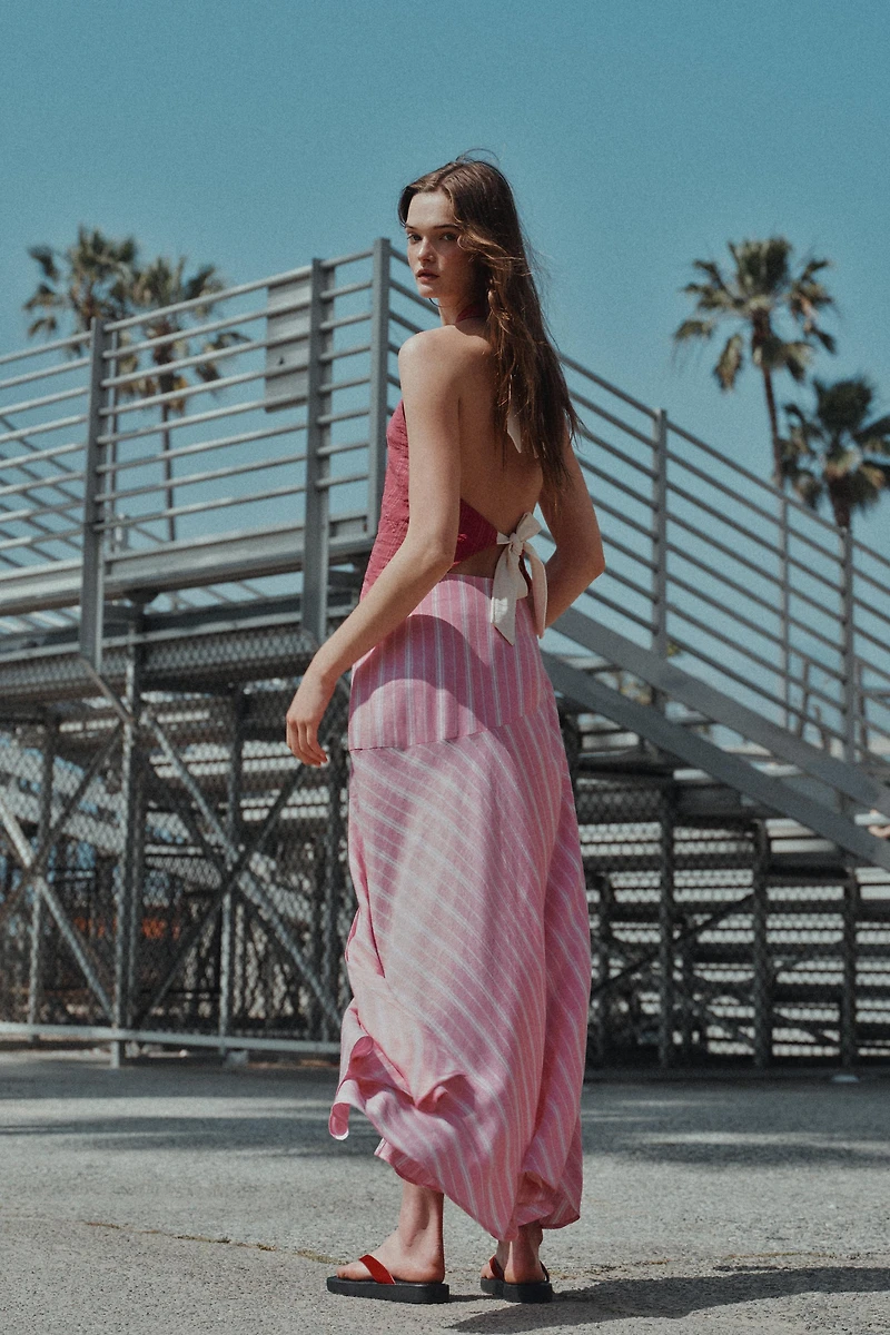 STRIPED LINEN MIDI SKIRT