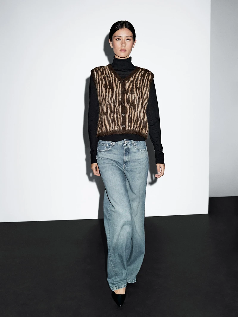 Animal print wool blend knit waistcoat