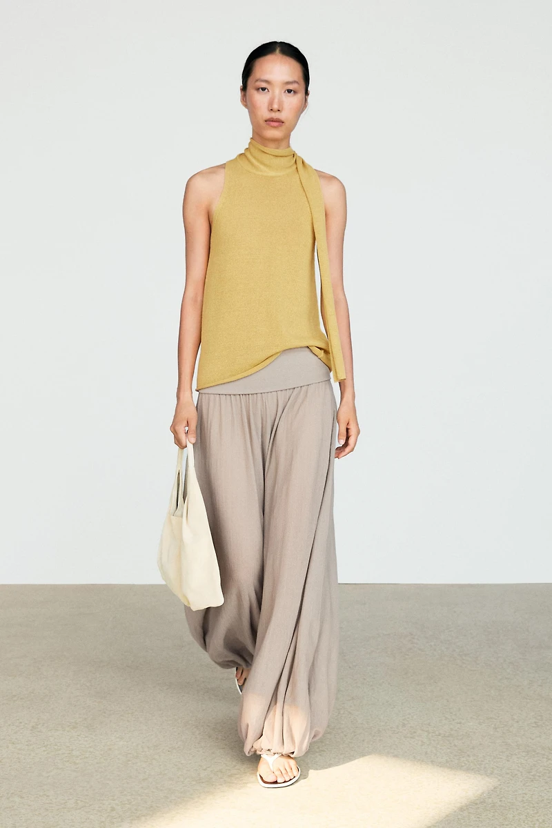 Linen blend halter top with tie detail