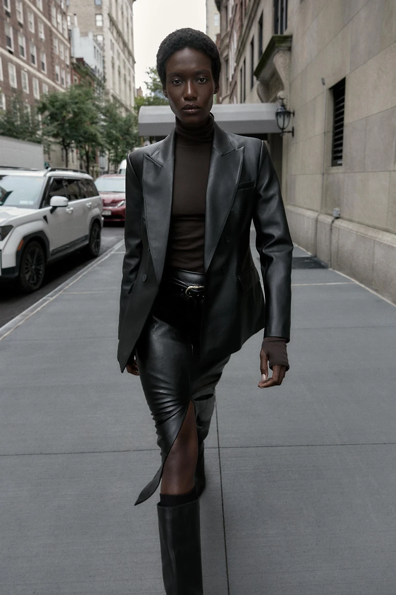 FAUX LEATHER DOUBLE BREASTED BLAZER