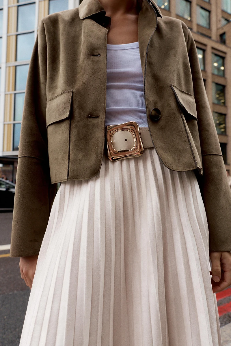 BELTED FAUX SUEDE EFFECT PLEATED MIDI SKIRT