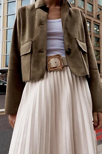BELTED FAUX SUEDE EFFECT PLEATED MIDI SKIRT