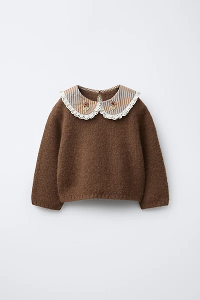 STRIPED COLLAR AND FLOWERS KNIT SWEATER