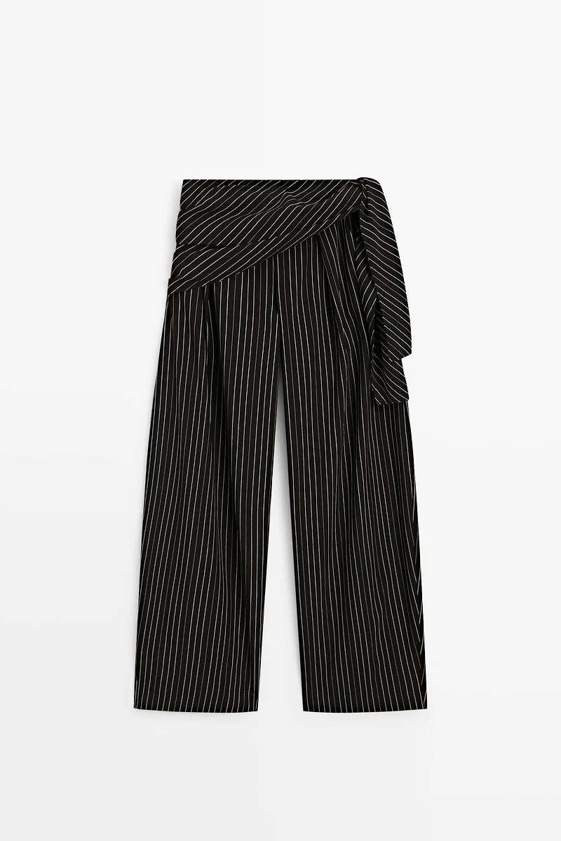 Striped barrel fit pants with scarf detail