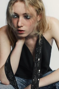 SATIN EFFECT SCARF BEADED TOP