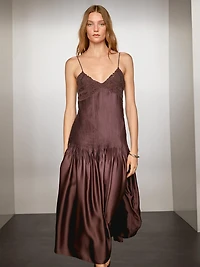 Flowing satin midi dress with straps