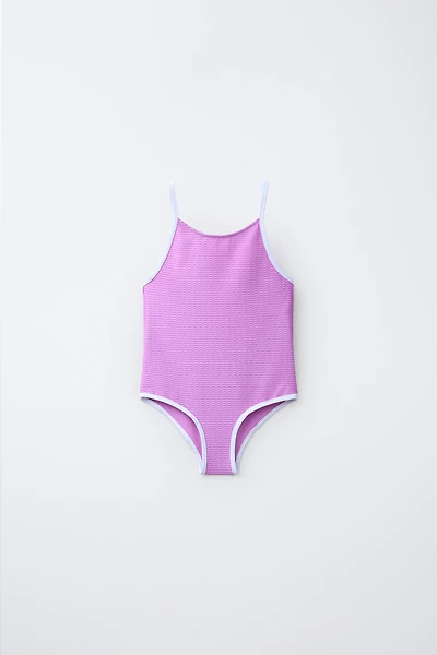 6-14 YEARS/ TEXTURED SWIMSUIT WITH CONTRASTING PIPING