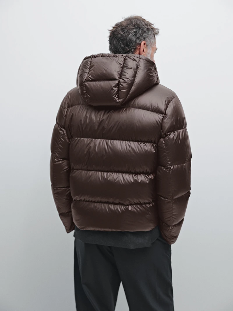 Water-repellent satin puffer jacket