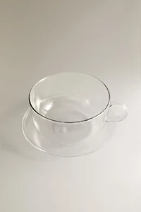 BOROSILICATE GLASS COFFEE CUP AND SAUCER WITH SILVER RIM