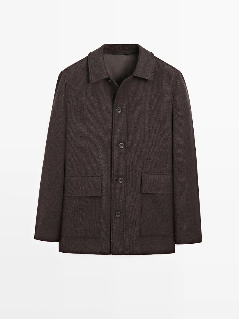 Mid-length herringbone wool blend coat
