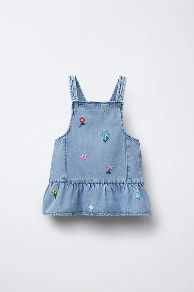 EMBROIDERED FLORAL DENIM PINAFORE DRESS