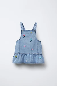 EMBROIDERED FLORAL DENIM PINAFORE DRESS