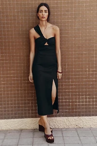 ASYMMETRIC CUT OUT LINEN MIDI DRESS