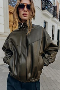 FAUX LEATHER HIGH COLLAR BOMBER JACKET