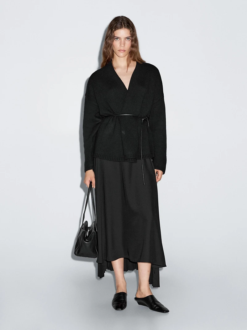 Long knit cardigan with belt