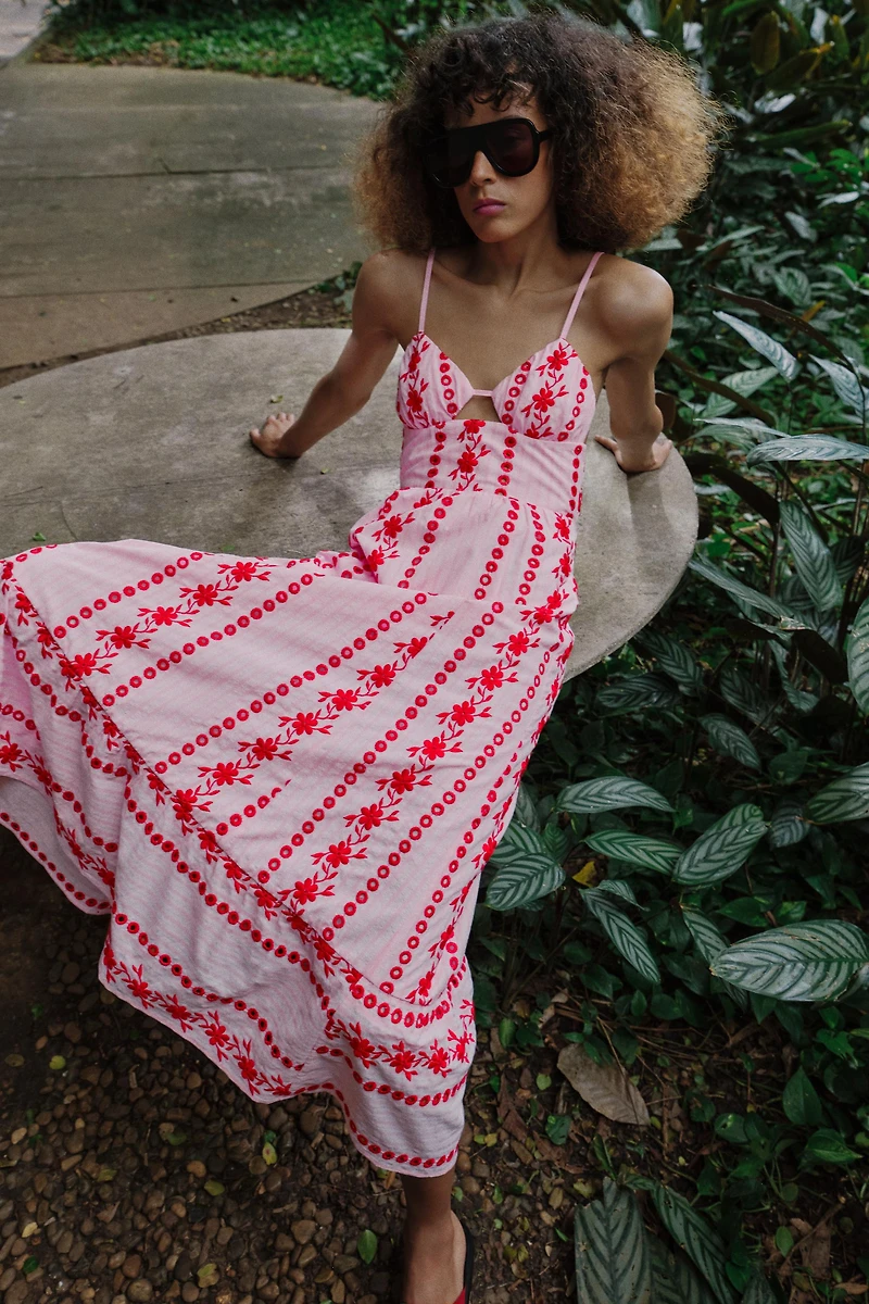 EMBROIDERED EYELET MIDI DRESS