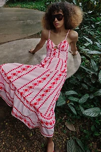 EMBROIDERED EYELET MIDI DRESS
