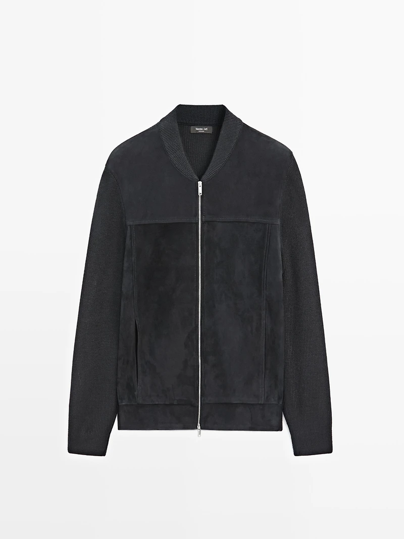 Wool and suede leather blend bomber jacket