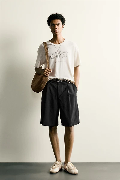 WASHED COTTON-LINEN T-SHIRT WITH TEXT
