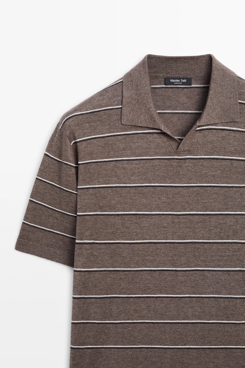 Striped knit V-neck polo shirt