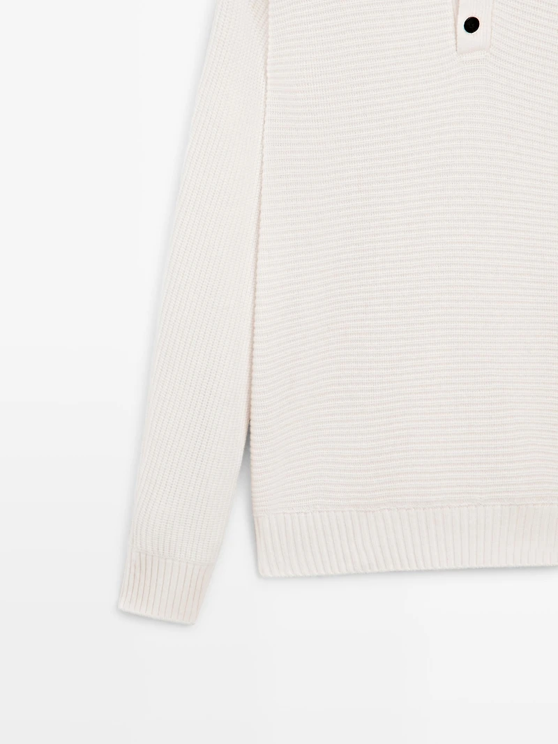 Knit sweater with mock button neck