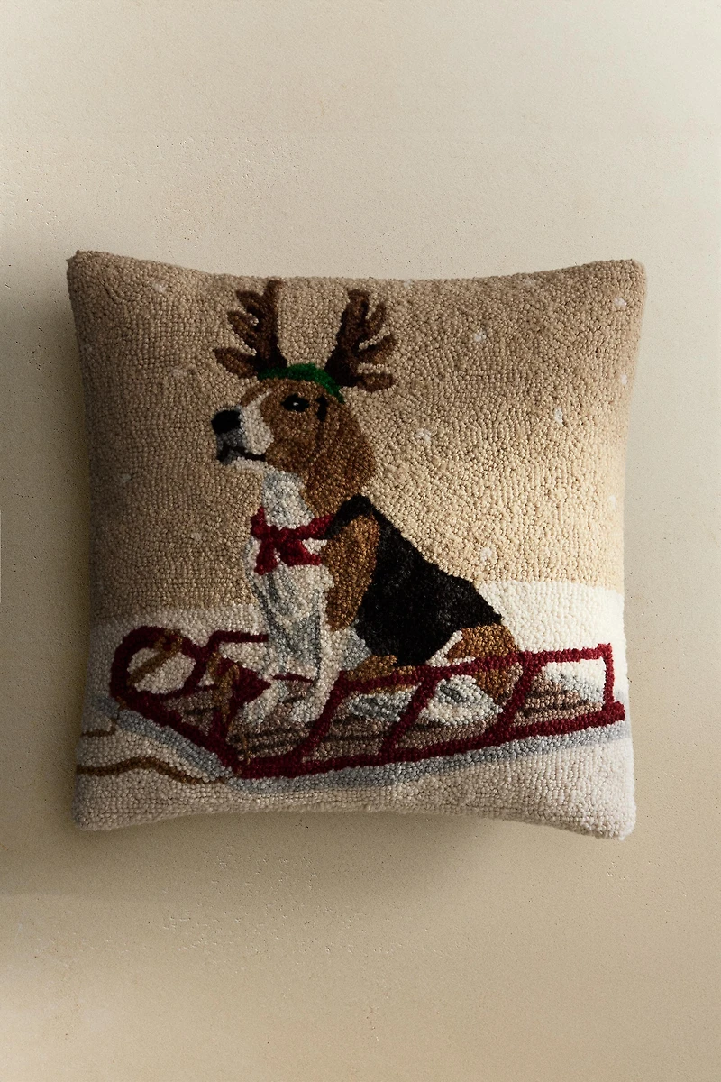 DOG ON A SLEIGH CHRISTMAS WOOL THROW PILLOW COVER
