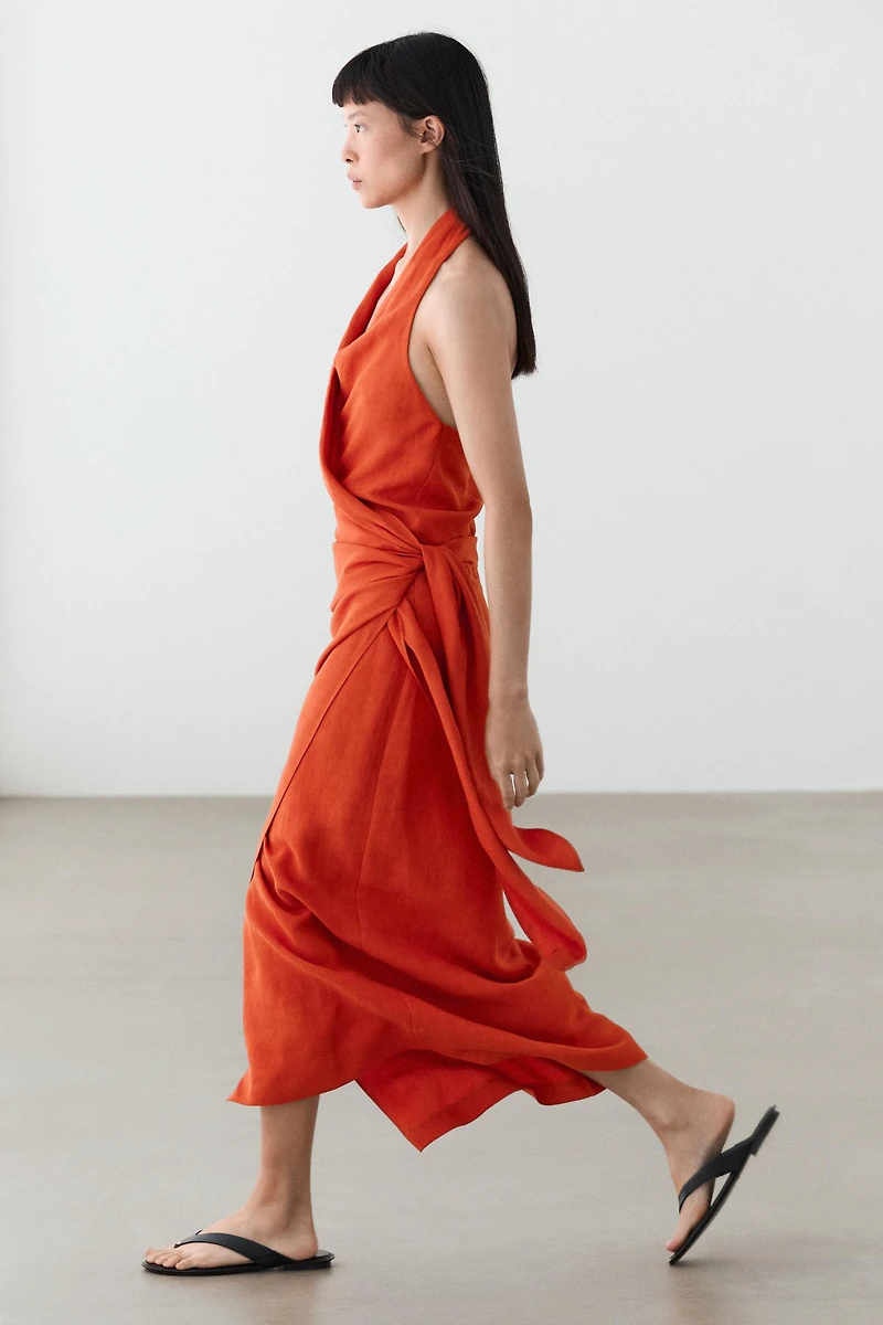 Draped midi dress with bow detail