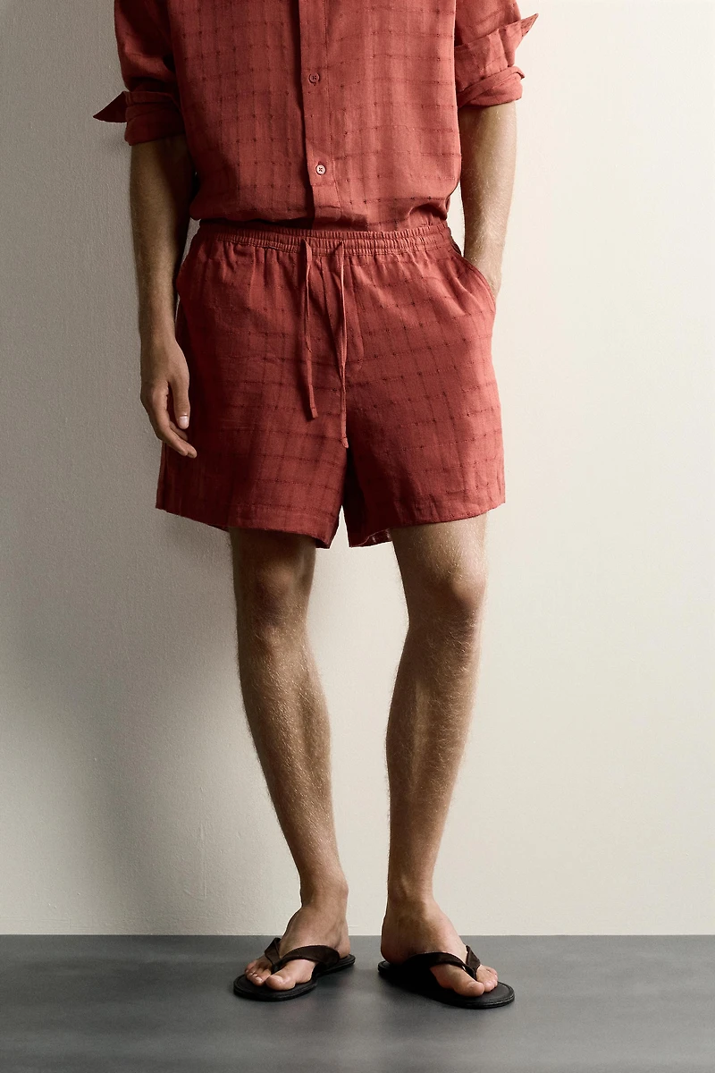 LINEN COTTON BLEND CHECKERED JACQUARD SHORTS