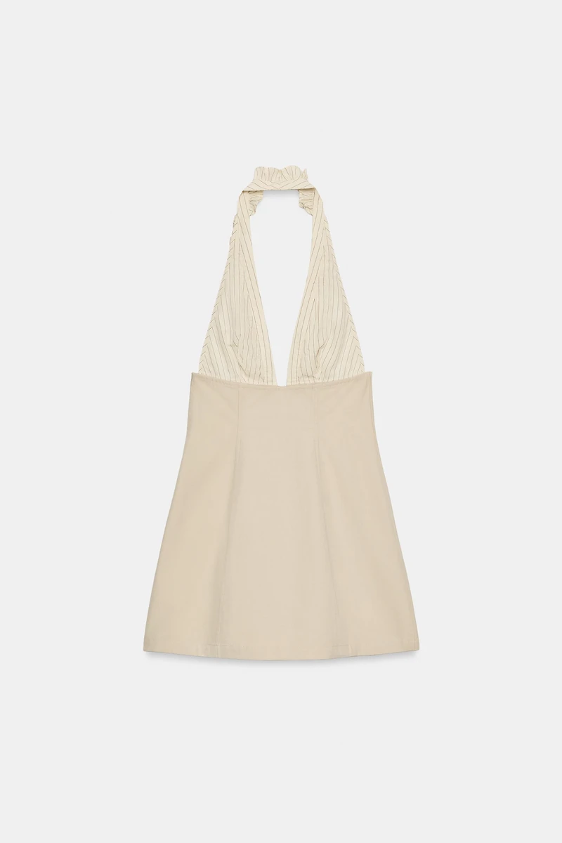 CONTRASTING RUFFLE HALTER MINI DRESS