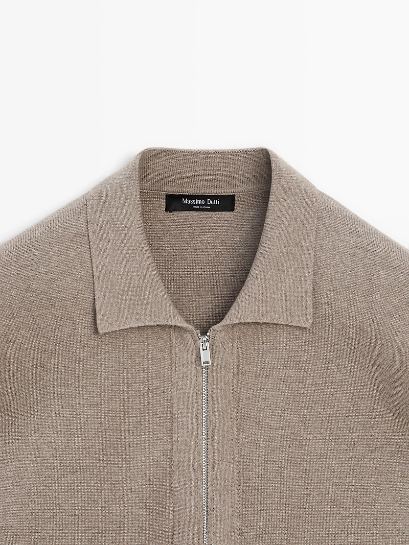 Zip-up knit cotton and wool blend cardigan with pockets