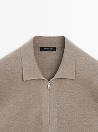 Zip-up knit cotton and wool blend cardigan with pockets