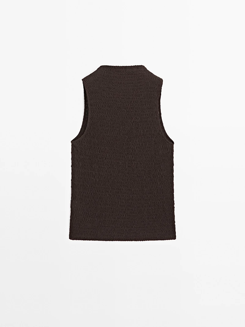 Chocolate linear waffle-knit funnel neck top