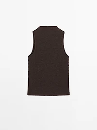 Chocolate linear waffle-knit funnel neck top