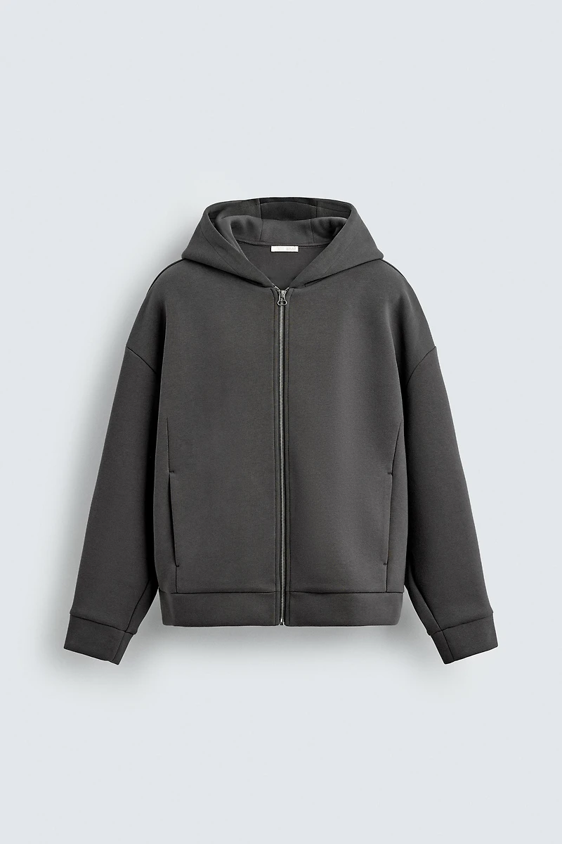 NEOPRENE EFFECT HOODIE SWEATSHIRT WITH PLEATS