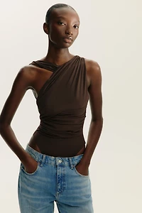 DRAPED ASYMMETRIC TULLE BODYSUIT