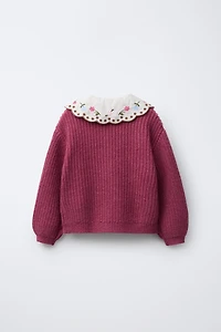 EMBROIDERED COLLAR KNIT CARDIGAN