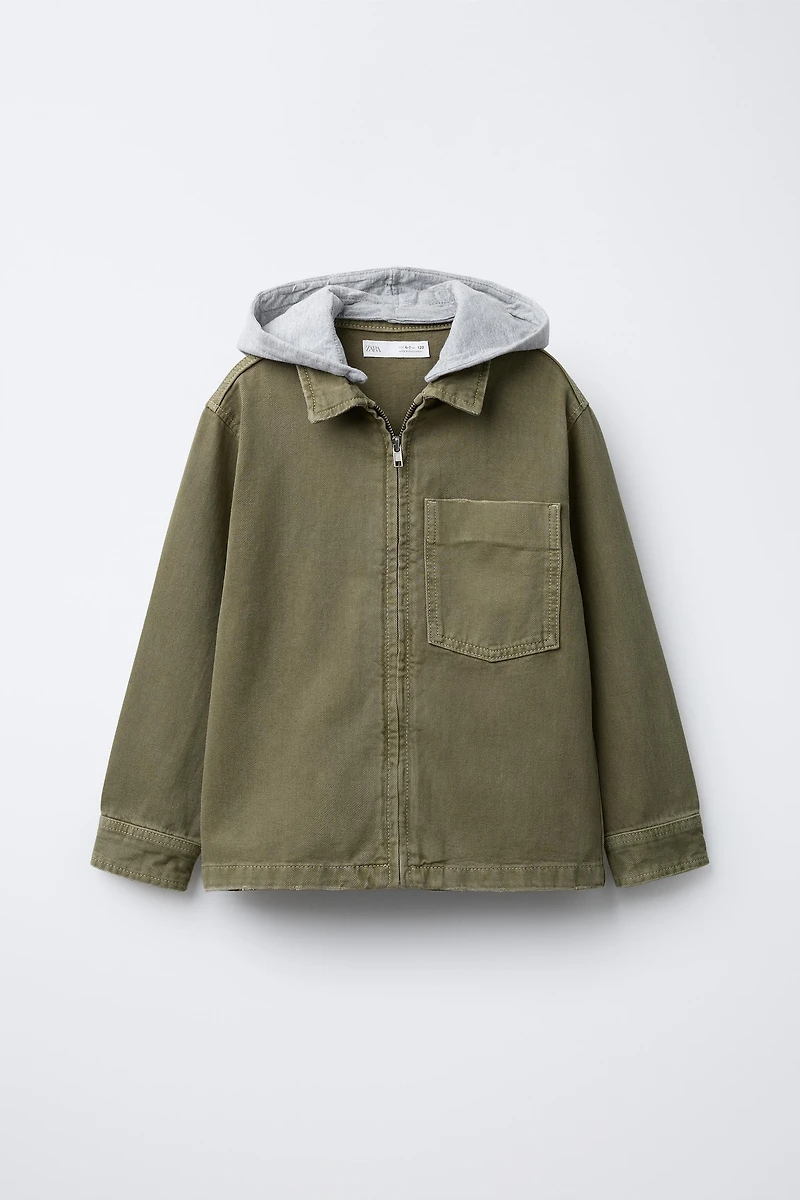 TWILL OVERSHIRT WITH REMOVABLE HOOD