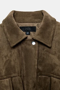 OVERSIZED FAUX SUEDE HOODED BOMBER JACKET