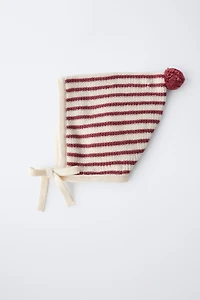 STRIPED TOWEL POMPOM BONNET