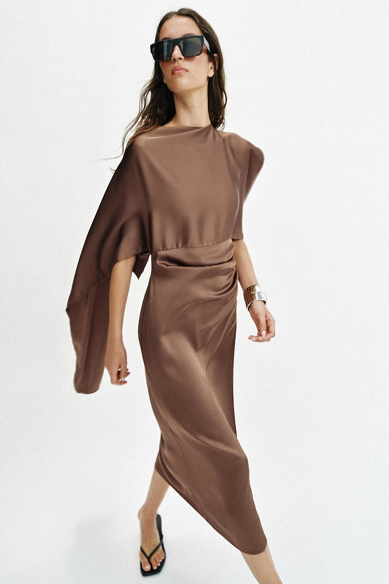 SATIN EFFECT CAPE MIDI DRESS