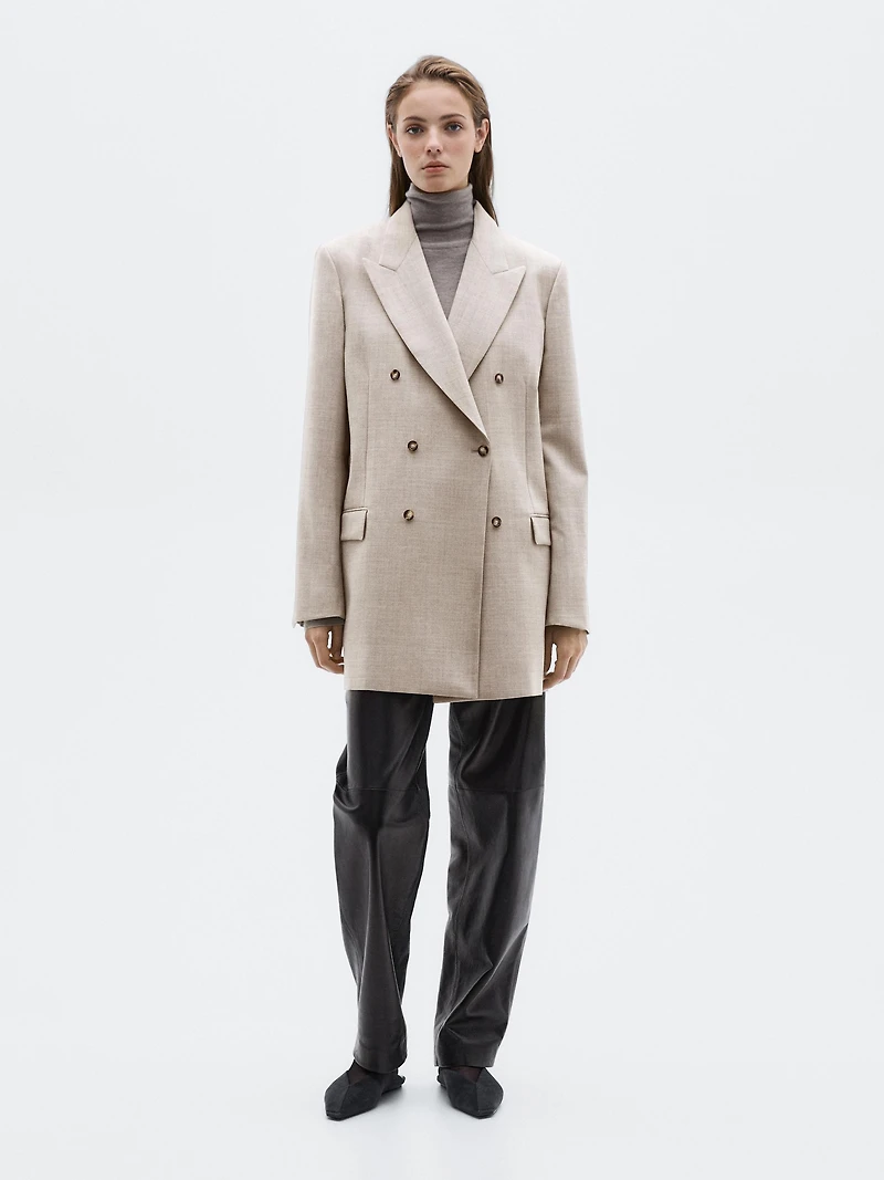 Long 100% wool double-breasted blazer