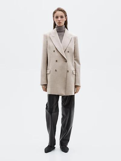 Long 100% wool double-breasted blazer